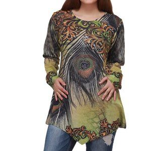 NWT India Boutique Long Fancy Tunic Greens Golds